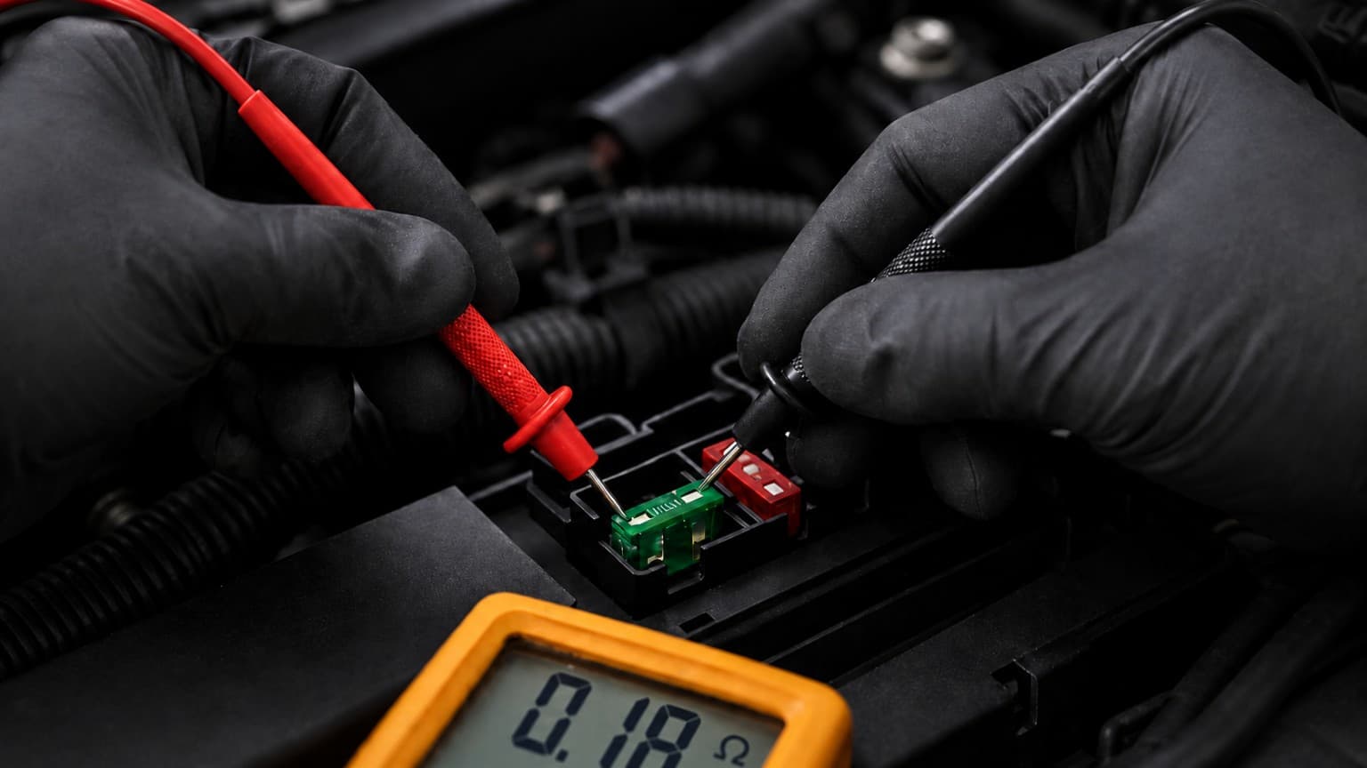 Resistance measurement across an automotive fuse using two multimeter probes