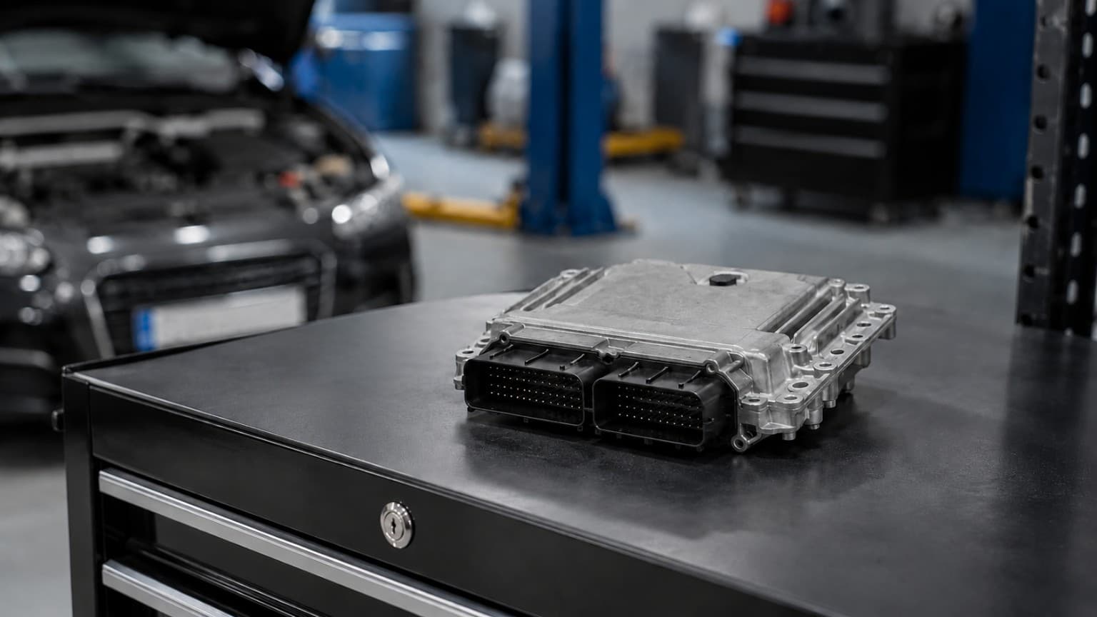 Automotive electronic control unit placed on a workshop tool cabinet