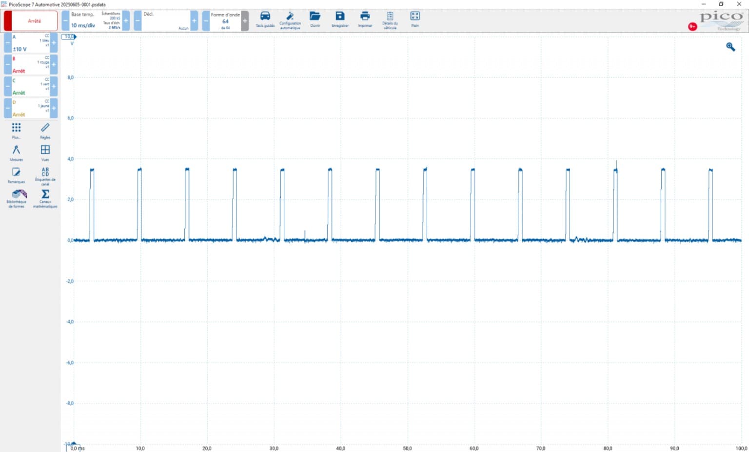Oscilloscope trace showing diagnostic pulses on the control line of a disconnected water pump